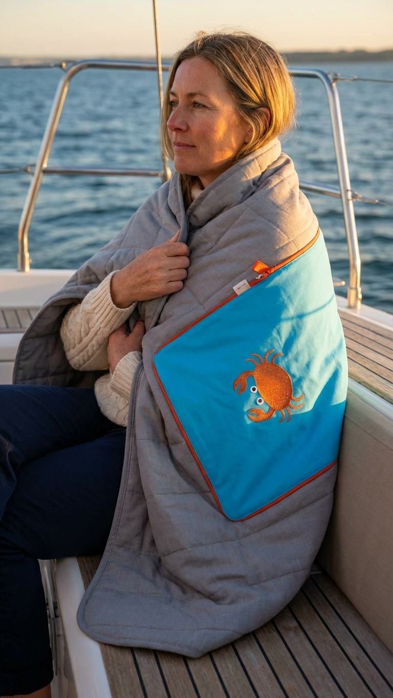 Woman wrapped in a gray and blue blanket with a crab design on a boat.