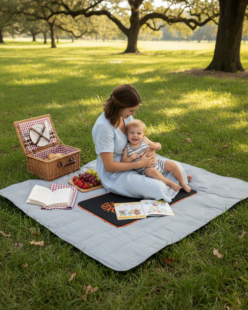 Family using Mecks coral 2 in 1 cushion blanket at outdoor picnic