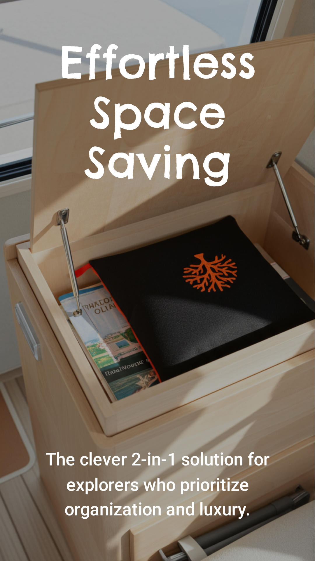 Wooden storage compartment with a black tray and coral logo, labeled 'Effortless Space Saving'.
