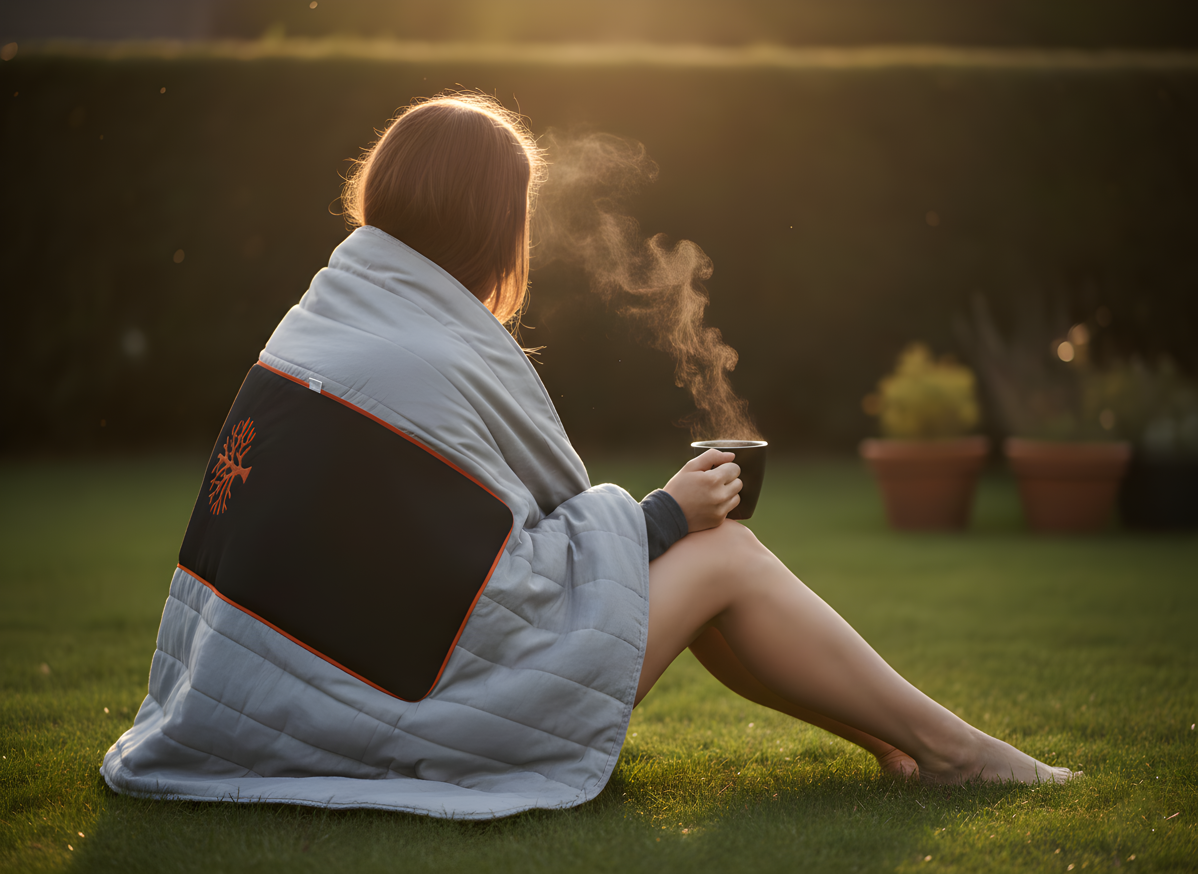 Person sitting on grass wrapped in a convertible  blanket with a steaming cup, sun setting in background