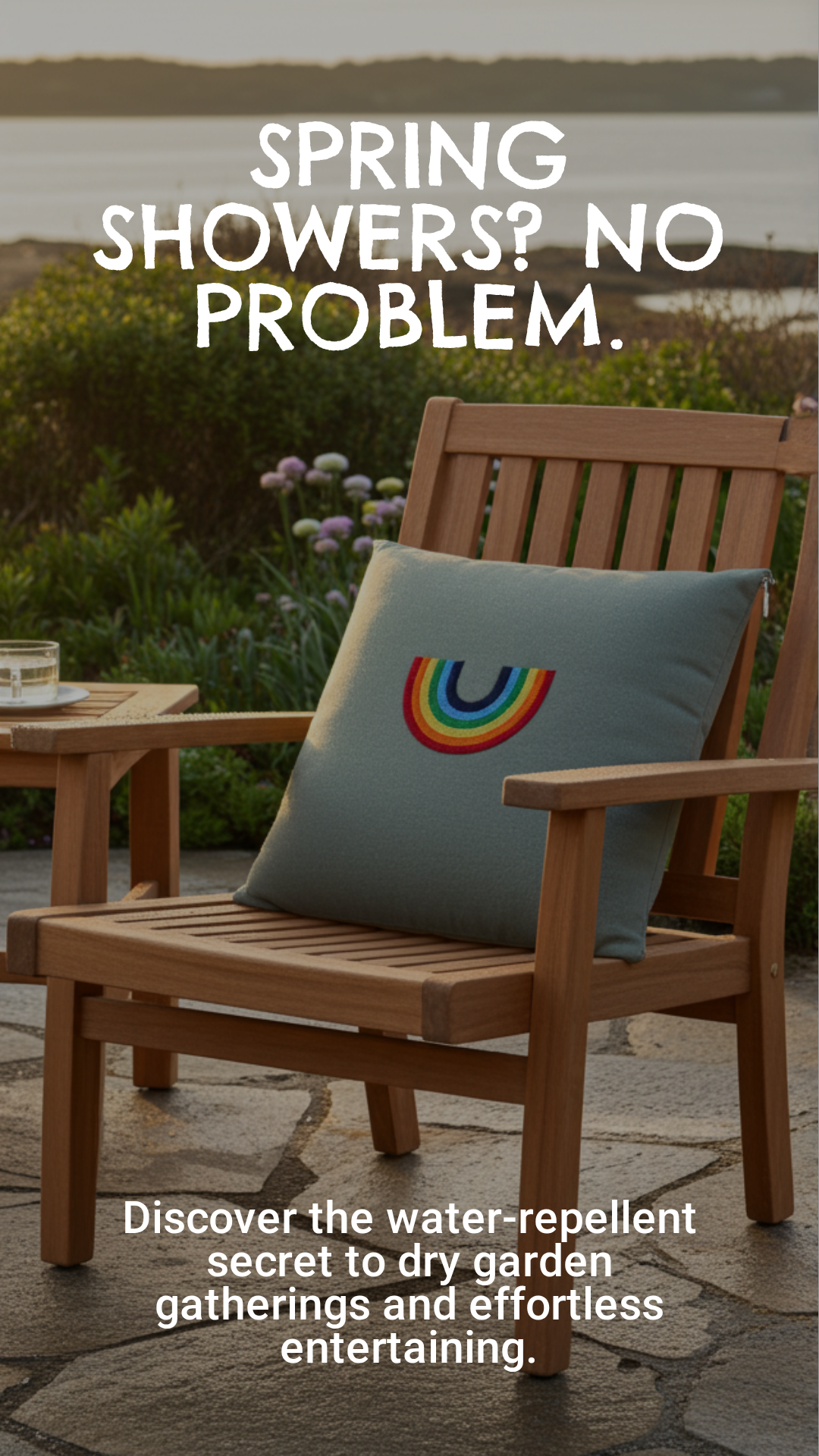 Wooden chair with a rainbow pillow on a patio with a scenic background