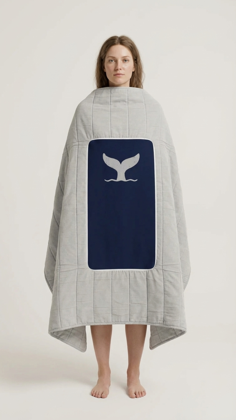 Whale design 2 in 1 cushion blanket worn as wearable outdoor blanket by Mecks