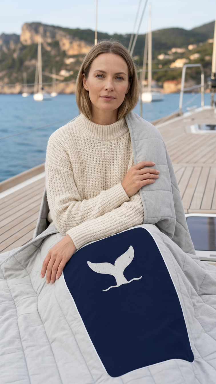 Woman on yacht using Mecks whale design 2 in 1 convertible outdoor cushion blanket