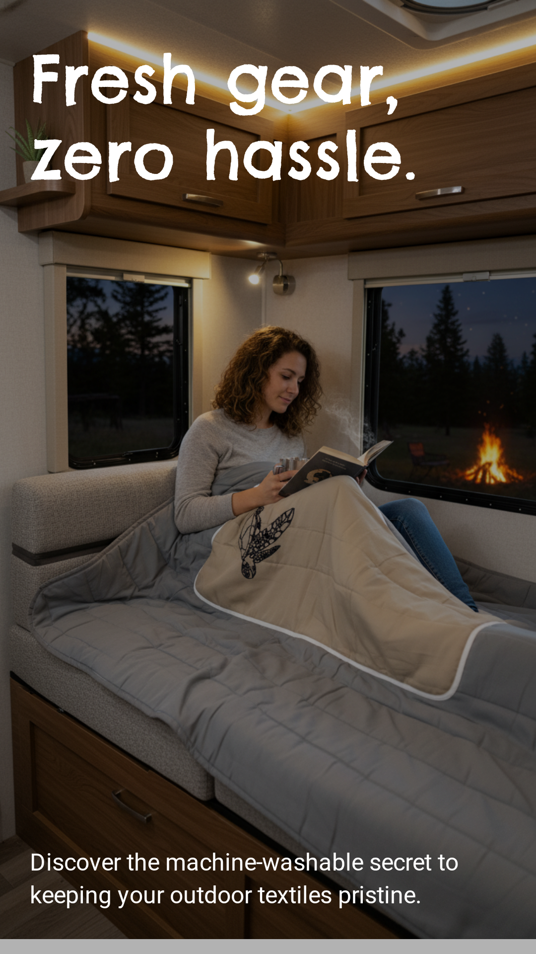 Woman reading a book in a cozy RV bedroom with text about machine-washable outdoor convertible cushion.