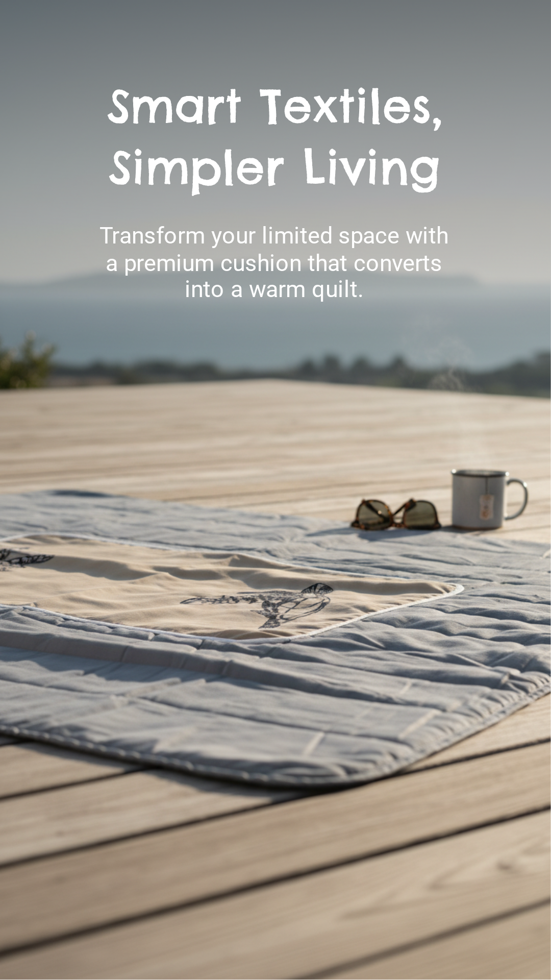 Mecks turtle 2 in 1 cushion blanket unfolded outdoors on wooden deck