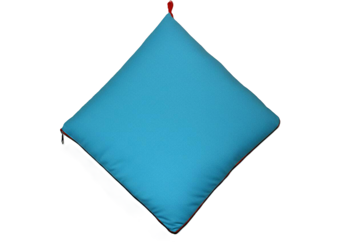 Blue cushion with a red tag on a white background