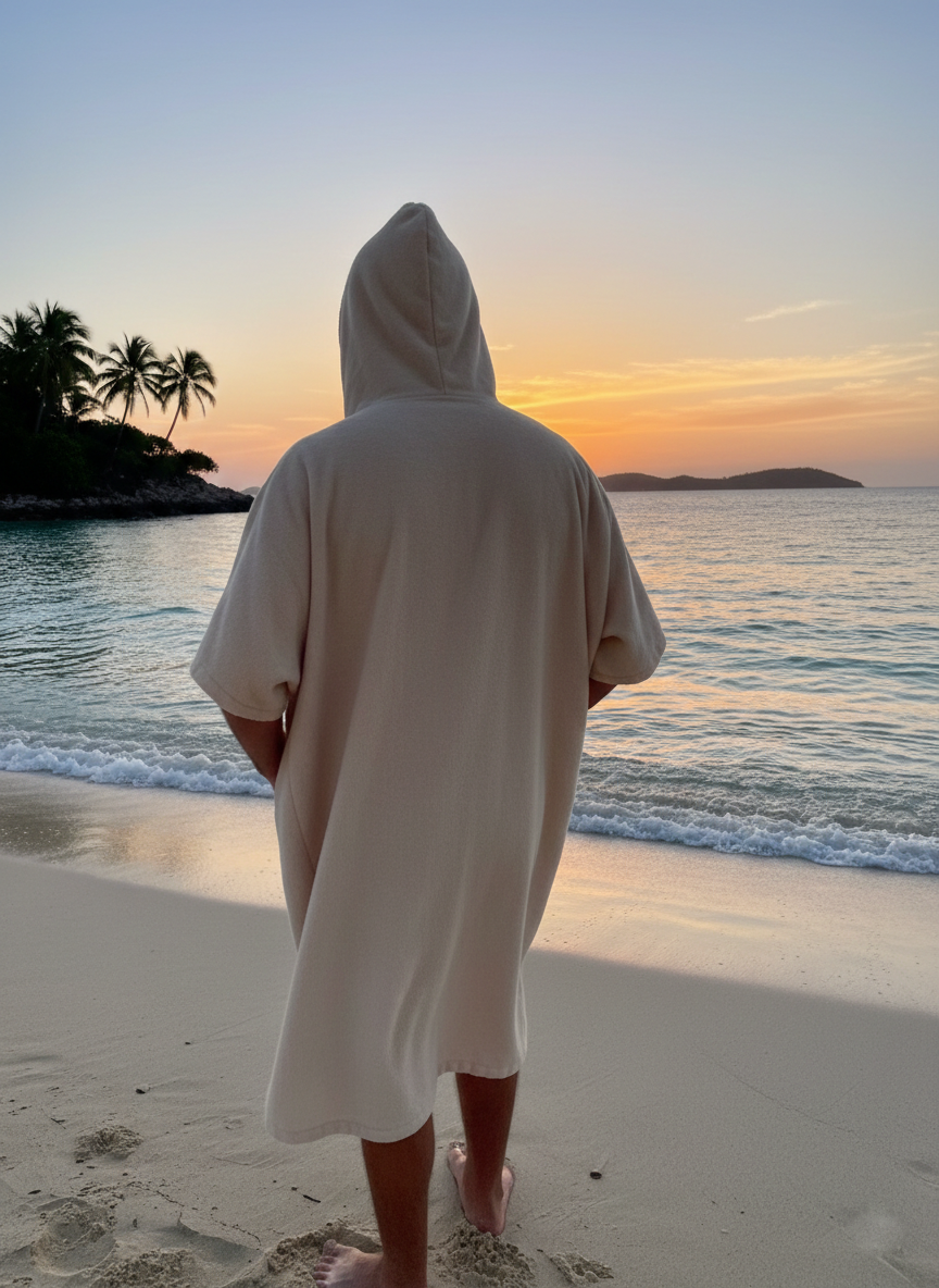 Person in a hooded towel standing on a beach at sunset